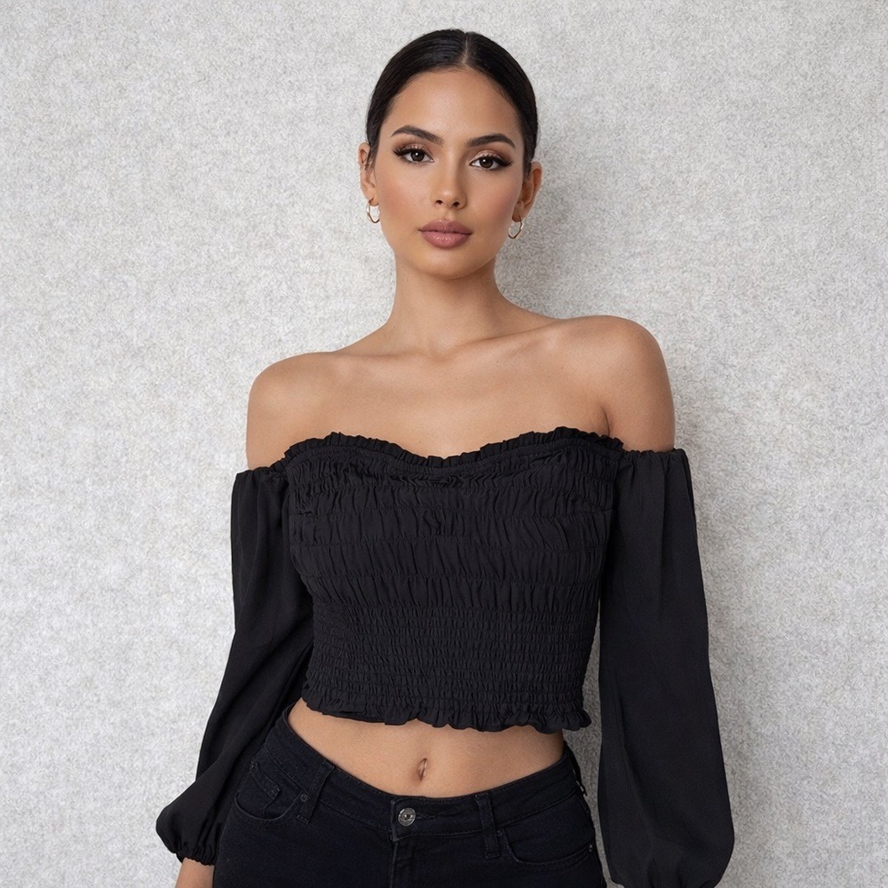 Abercrombie Off Shoulder Bell Sleeve Ruched Crop Top Black Sz M Whimsigoth